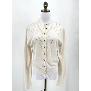 Vintage 50s Schiaparelli Ivory Knit Crystal Rhinestone Button Cardigan Sweater